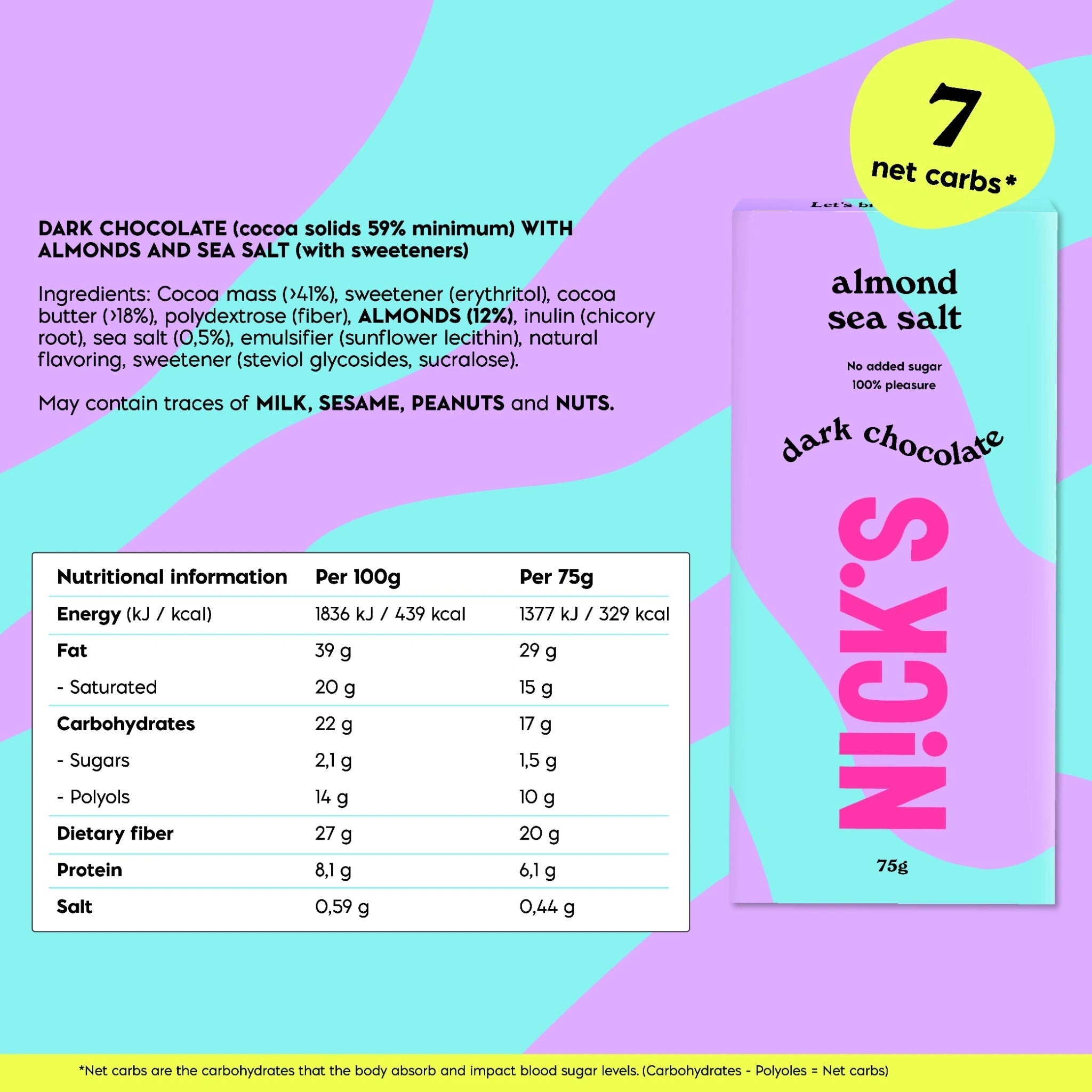 NICK’S Almond Sea Salt Dark Chocolate Bar 75 g